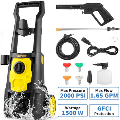 VEVOR Electric Power Washer, 2000 PSI, Max 1.65 GPM Pressure Washer W/ 30 Ft Hose & Reel, 5 Quick Connect Nozzles, Foam Cannon, Portable to Clean Patios, Cars, Fences, Driveways, ETL Listed